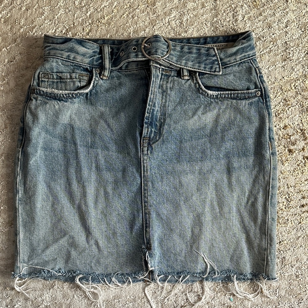 All Saints Denim Mini Skirt with Frayed Hem and round belt